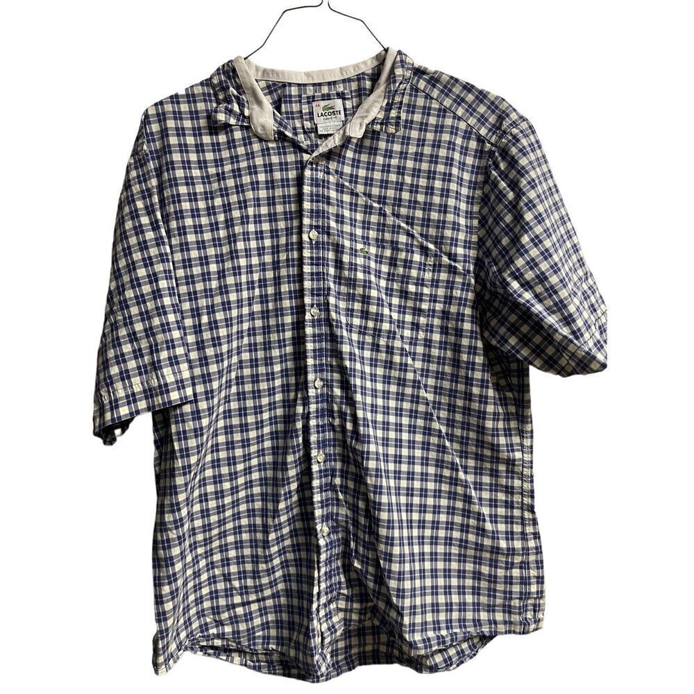 Lacoste Mens Blue & White Checker Collared Buttons Up Short Sleeve Shirt Size 44